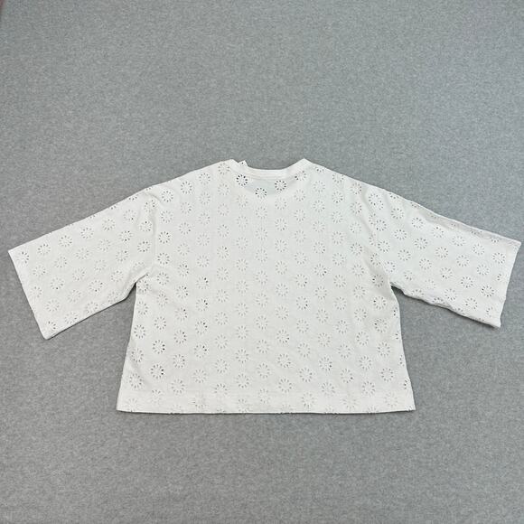 Madewell Embroidered Wide-Sleeve Boxy Tee WMNS L White Floral Crewneck Relaxed - Picture 6 of 8